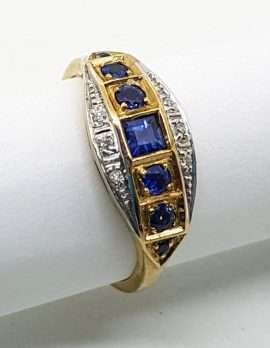 9ct gold ring square blue sapphire with 6 round sapphires & diamonds