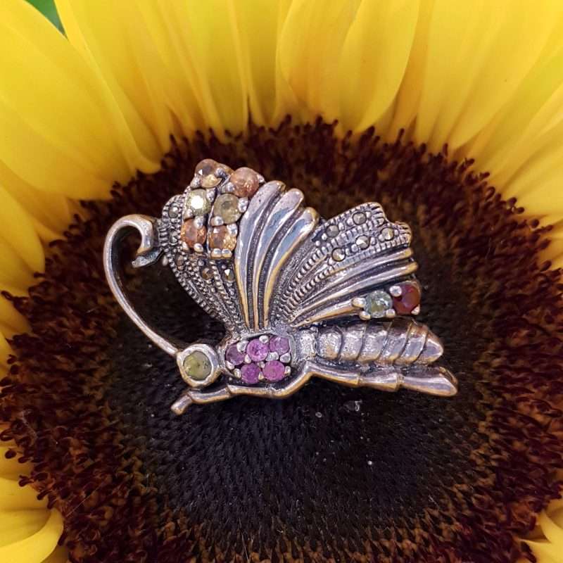 Sterling Silver Marcasite brooch - Butterfly with amethyst, ruby, pink quartz, peridot and citrine gems