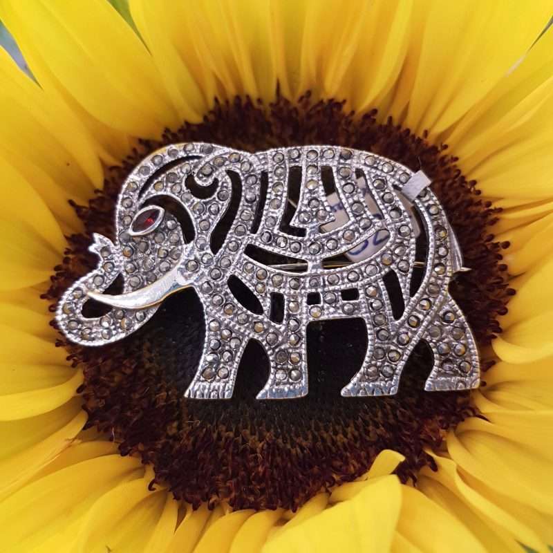 Sterling Silver and marcasite and ruby brooch - Walking Elephant