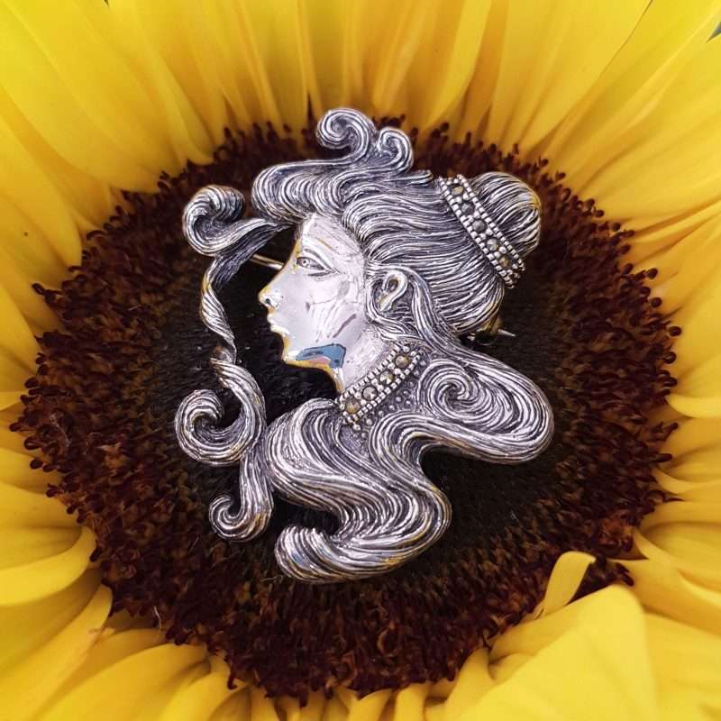 Sterling Silver and marcasite brooch - Woman with long hair