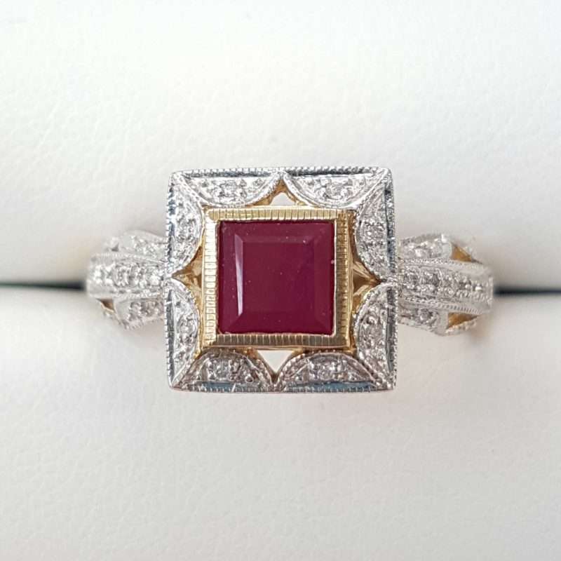 square gold ruby and diamond ring