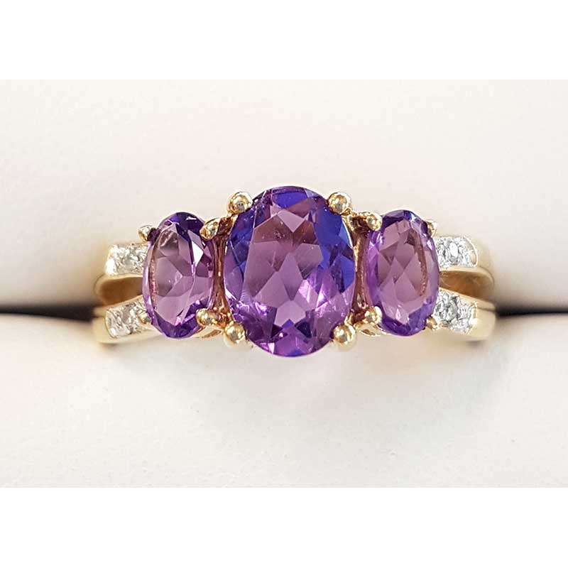 Triple oval amethyst and diamond gold ring