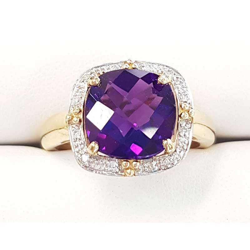 Gold ring featuring single square amethyst surrounded by diamonds