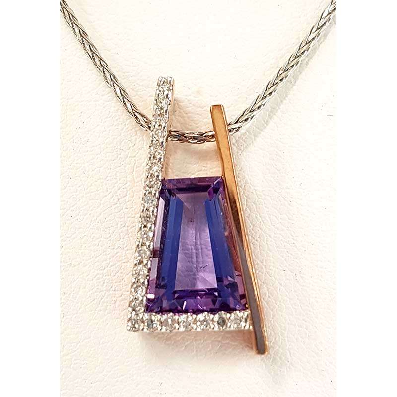 Rectangular faceted amethyst necklace on a gold chain