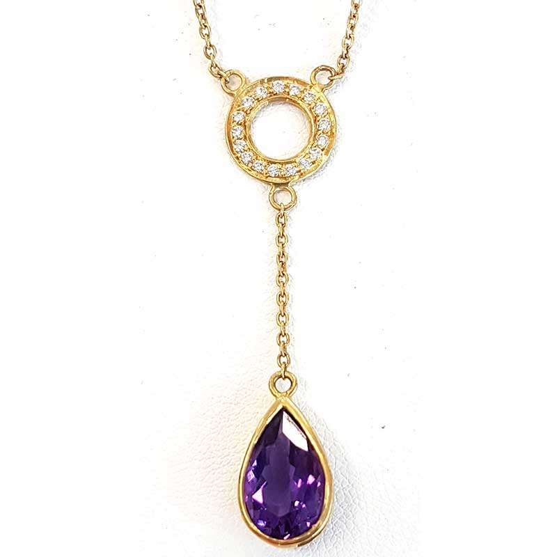 Teardrop amethyst and diamond gold chain pendant