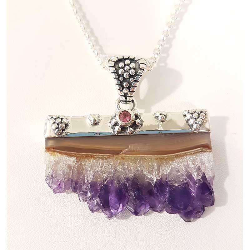 Sterling Silver Choker Necklace with Amethyst crystal slice