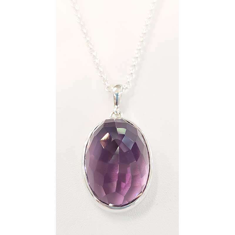 Large Oval faceted amethyst necklace on sterling silver chain