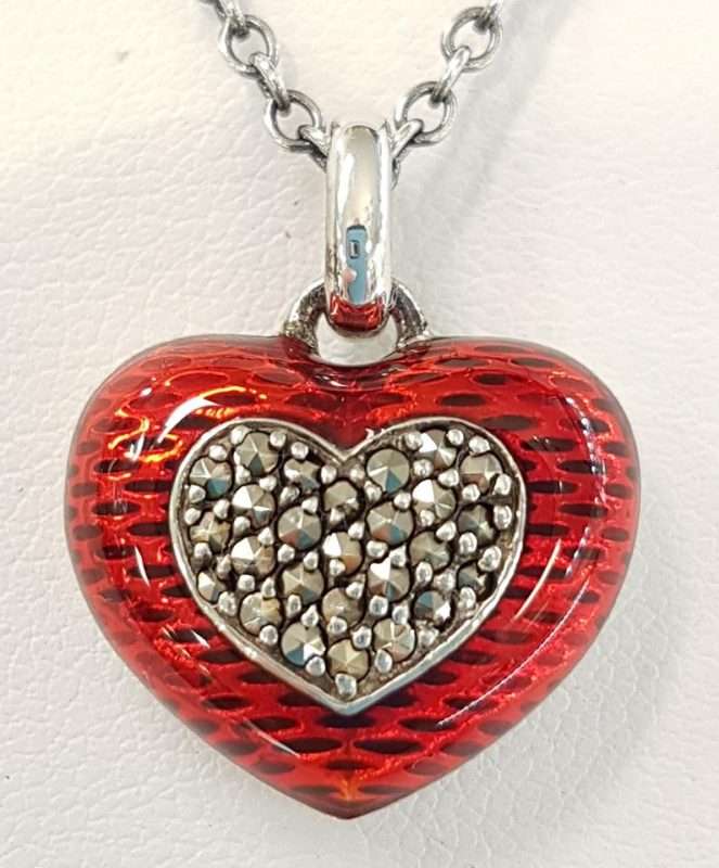 Love Heart Necklace - Marcasite and enamel with silver chain