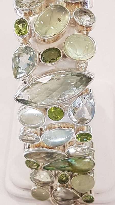 Sterling Silver Green Amethyst, Prehonite and Peridot Wide Bracelet