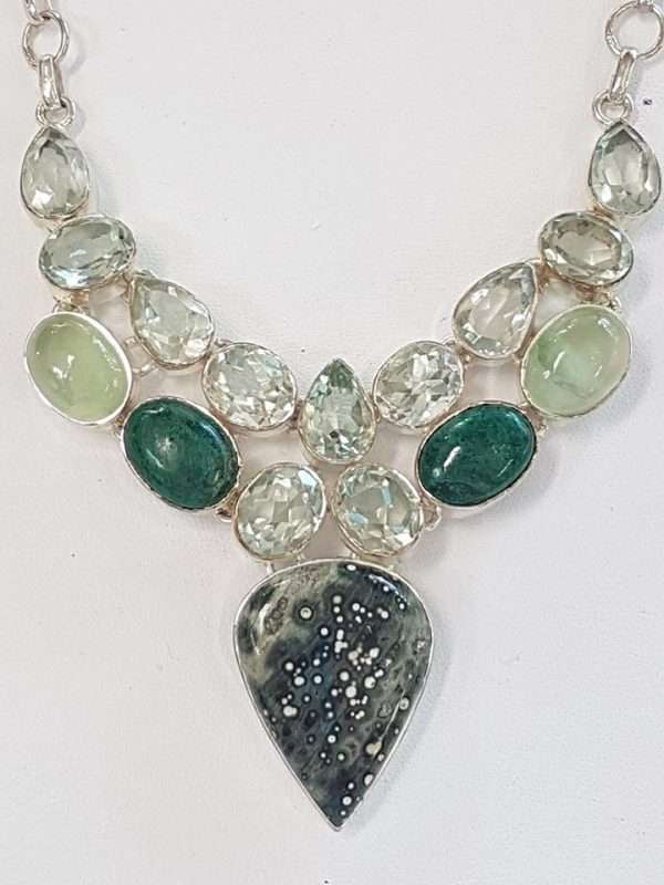 Sterling Silver Green Amethyst , Prehonite etc. Large Cluster Necklace