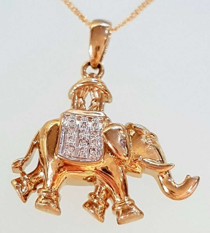 9ct Yellow Gold and Diamond Elephant Pendant on Gold Chain