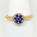 9ct Yellow Gold 7 Sapphires surrounded by Diamonds Round Cluster Ring - Daisy / Cupcake
