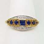 9ct Yellow Gold Ring Square and Round Natural Blue Sapphires &amp; Diamonds - Art Deco Style Bridge Setting