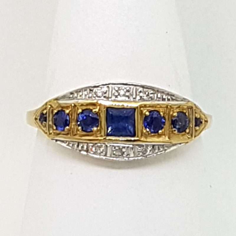 9ct Yellow Gold Ring Square and Round Natural Blue Sapphires &amp; Diamonds - Art Deco Style Bridge Setting