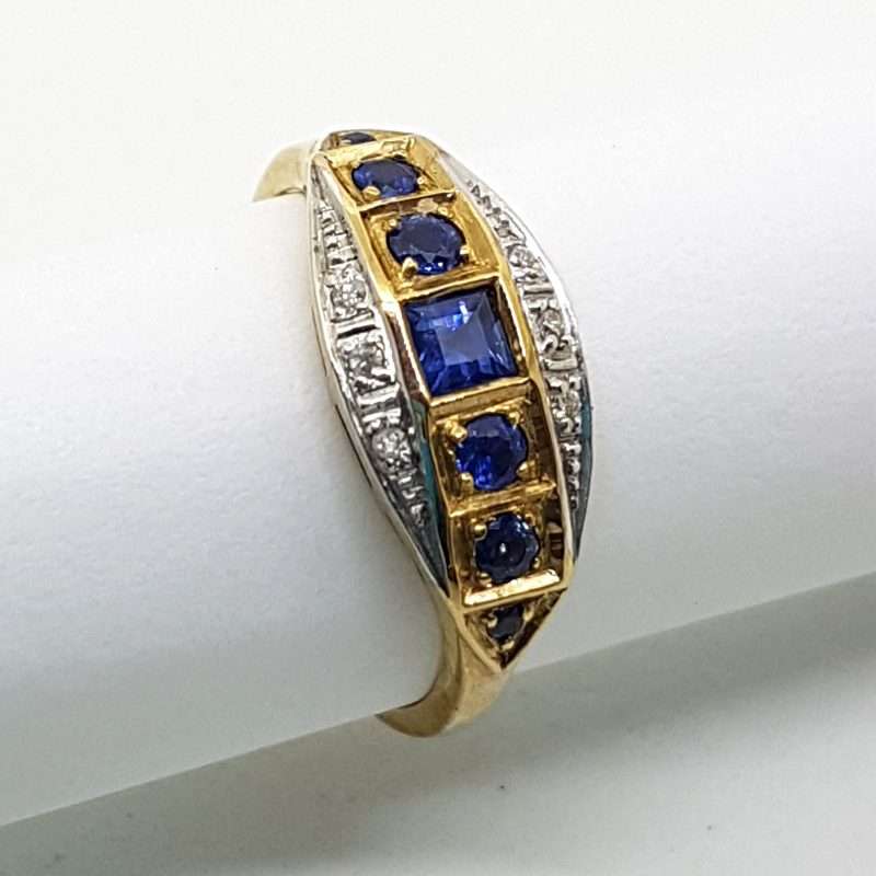 9ct Yellow Gold Ring Square and Round Natural Blue Sapphires &amp; Diamonds - Art Deco Style Bridge Setting