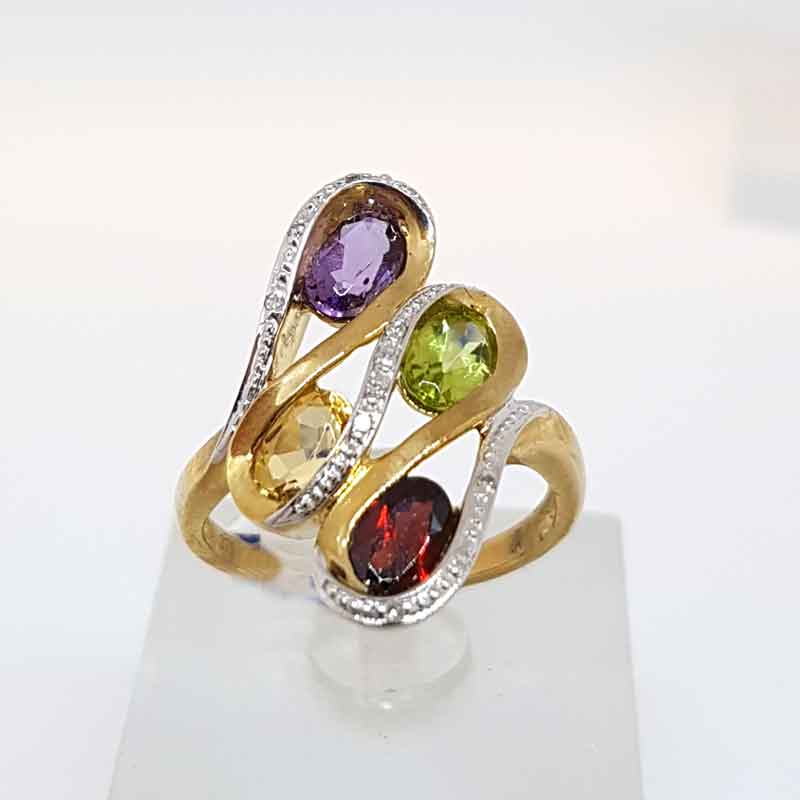 9ct Yellow Gold Amethyst, Peridot, Citrine and Garnet with Diamonds Ring - Large Swirl