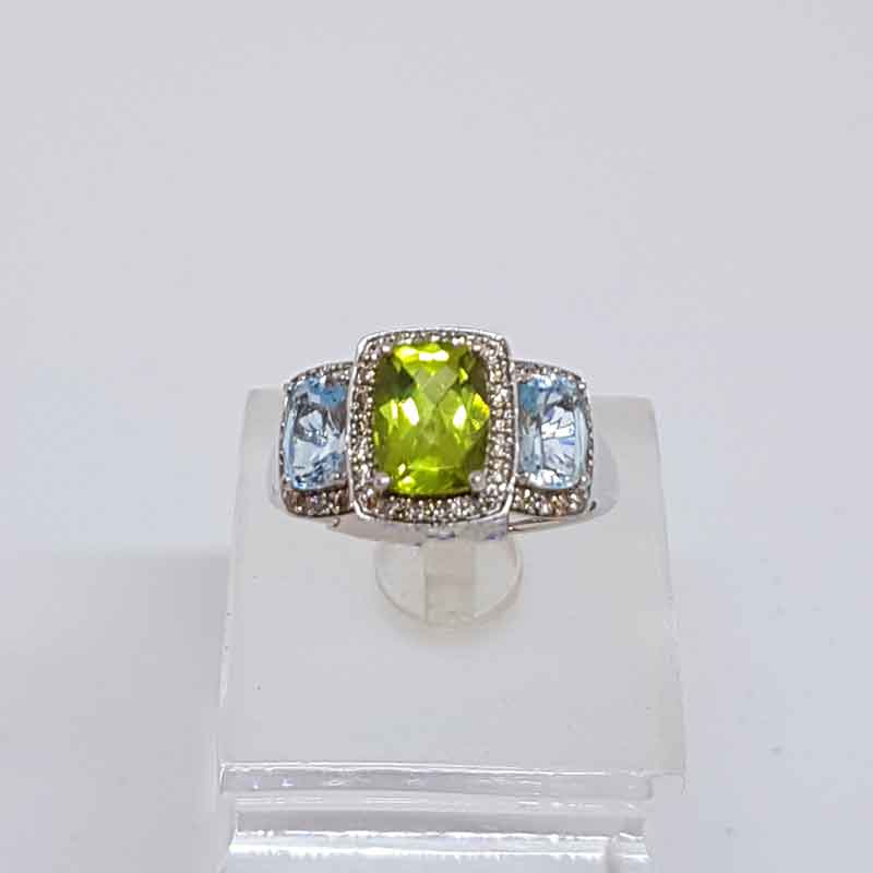 9ct White Gold Topaz, Peridot and Diamond Bridge Set Ring