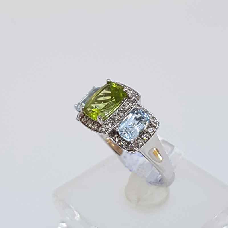 9ct White Gold Topaz, Peridot and Diamond Bridge Set Ring