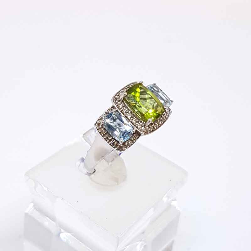 9ct White Gold Topaz, Peridot and Diamond Bridge Set Ring