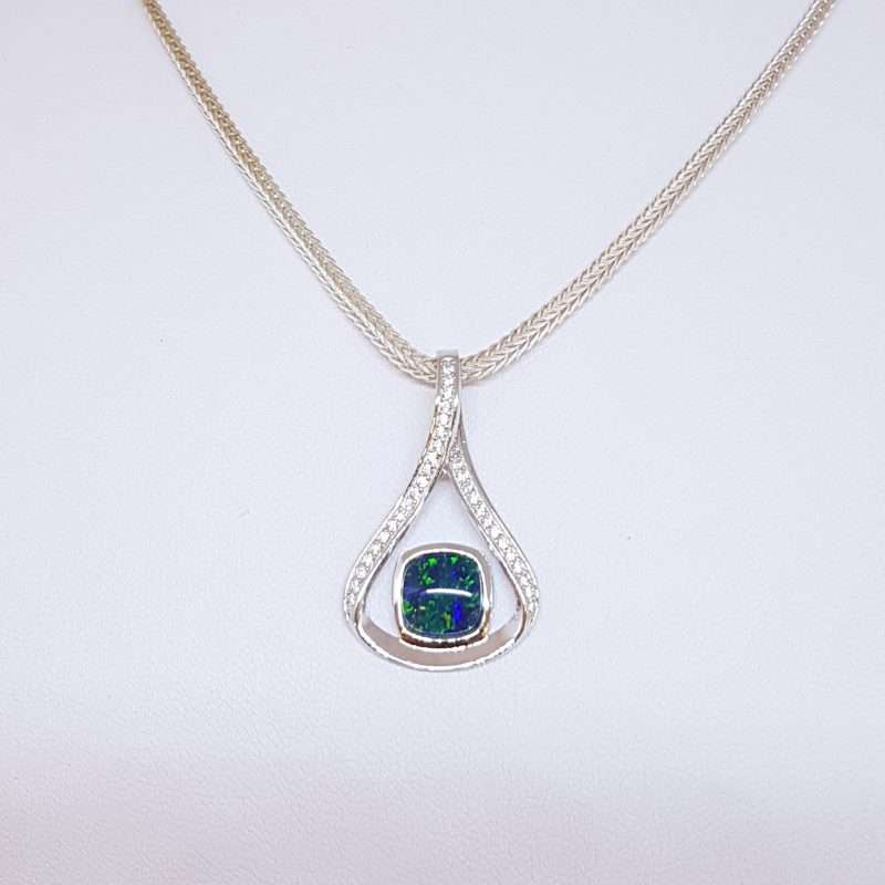 Sterling Silver Opal Triplet with Cubic Zirconia Pendant on Sterling Silver Chain