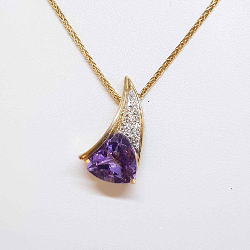 9ct Yellow Gold Unusual Amethyst and Diamond Pendant on Gold Snake Chain