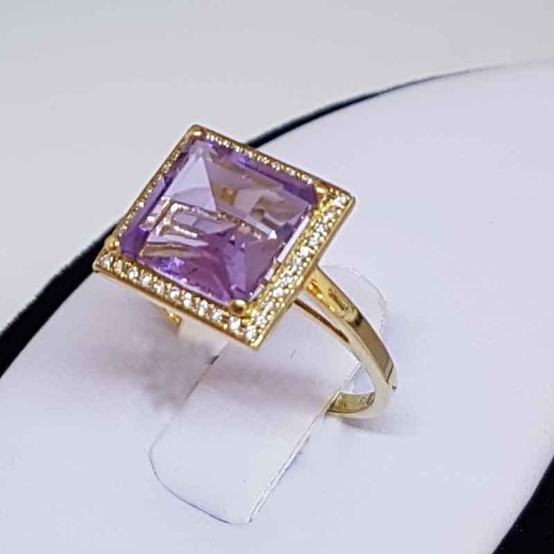 9ct Yellow Gold Large Square Amethyst and Diamond Cluster Ring