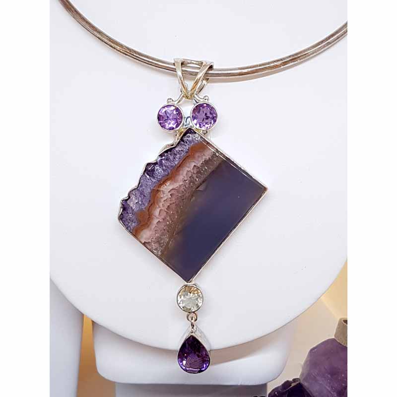Sterling Silver Large Amethyst Crystal Slice Pendant with Clear Crystal Quartz and Amethyst on Silver Choker