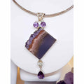 Sterling Silver Large Amethyst Crystal Slice Pendant with Clear Crystal Quartz and Amethyst on Silver Choker