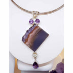 Sterling Silver Large Amethyst Crystal Slice Pendant with Clear Crystal Quartz and Amethyst on Silver Choker