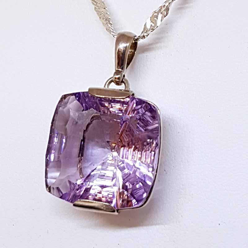 Sterling Silver Large Square Laser Cut Amethyst Pendant on Chain