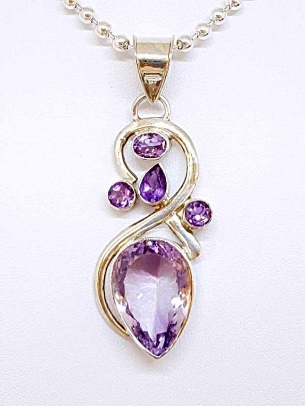 Sterling Silver Large Teardrop Amethyst Ornate Swirl Pendant on Chain
