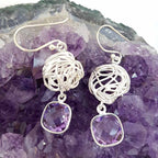Sterling Silver Square Amethyst Long Drop Earrings