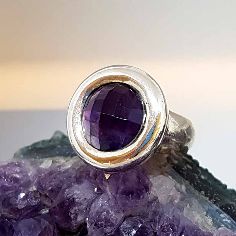 Sterling Silver Large Round Faceted Amethyst Ring - Chunky / Heavy