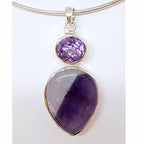 Sterling Silver Large Teardrop Shaped Cabochon Amethyst with Oval Faceted Amethyst Pendant on Sterling Silver Choker