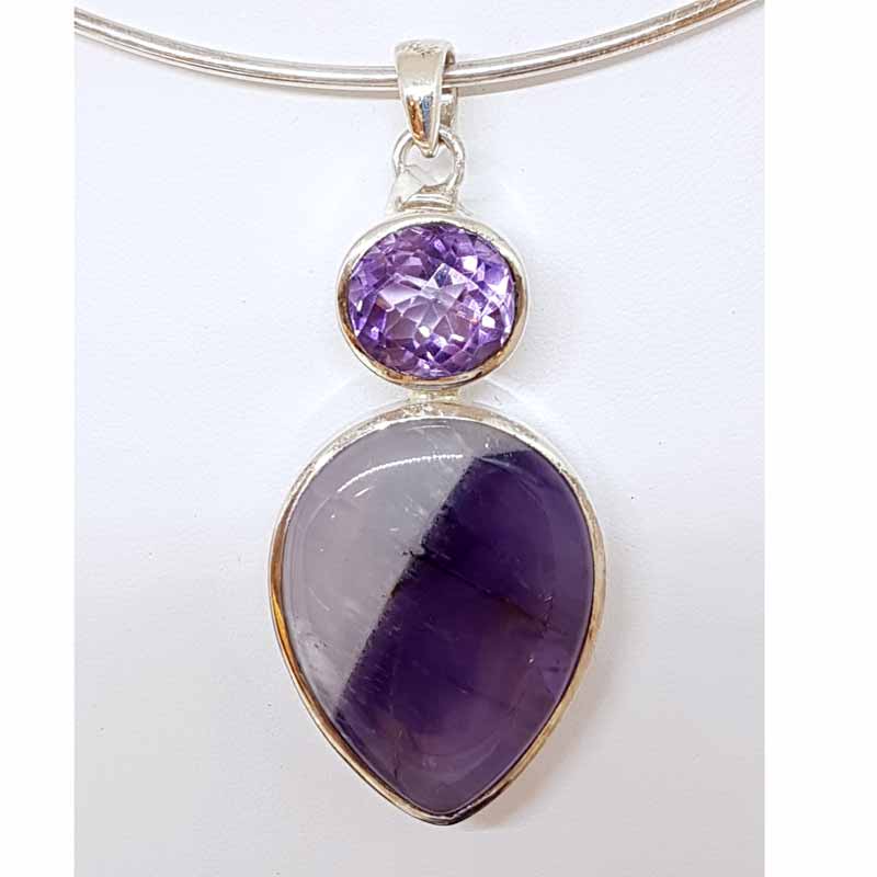 Sterling Silver Large Teardrop Shaped Cabochon Amethyst with Oval Faceted Amethyst Pendant on Sterling Silver Choker