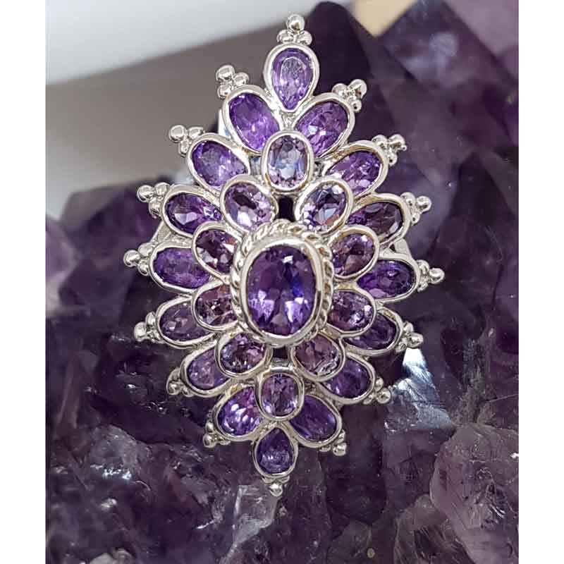 Sterling Silver Very Large Exquisite Amethyst Cluster Ring
