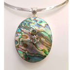 Sterling Silver Paua Shell with Peridot Frog on a Pond Pendant on Silver Choker Chain / Necklace