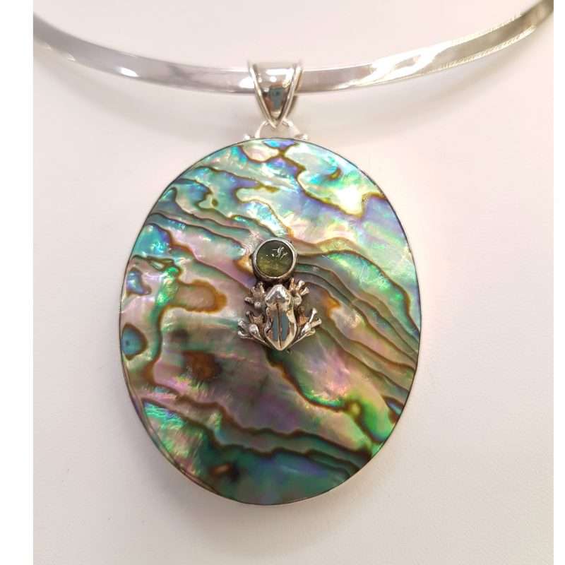 Sterling Silver Paua Shell with Peridot Frog on a Pond Pendant on Silver Choker Chain / Necklace