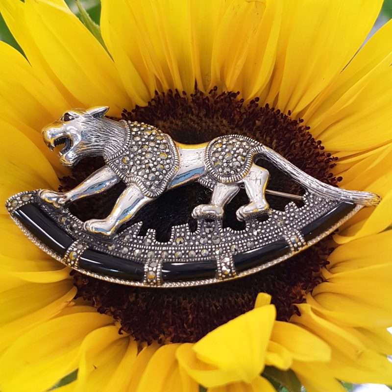 Sterling Silver and Marcasite Brooch - Jaguar with Onyx