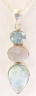 Sterling Silver Larimar, Topaz and Druzy Quartz Long Pendant on Sterling Silver Chain