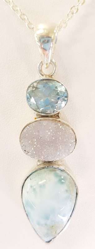 Sterling Silver Larimar, Topaz and Druzy Quartz Long Pendant on Sterling Silver Chain