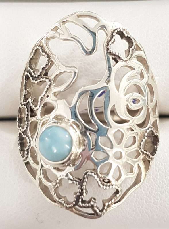 Sterling Silver Larimar Ring - Ornate Floral and Bird Design