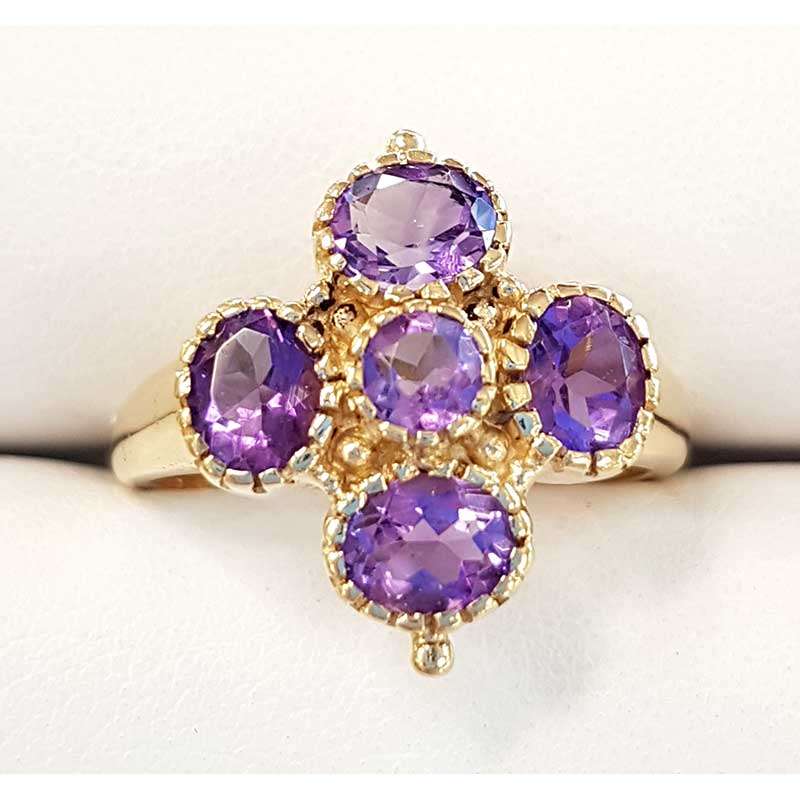 9ct Yellow Gold Five Amethyst in Cross Shape Cluster Ring
