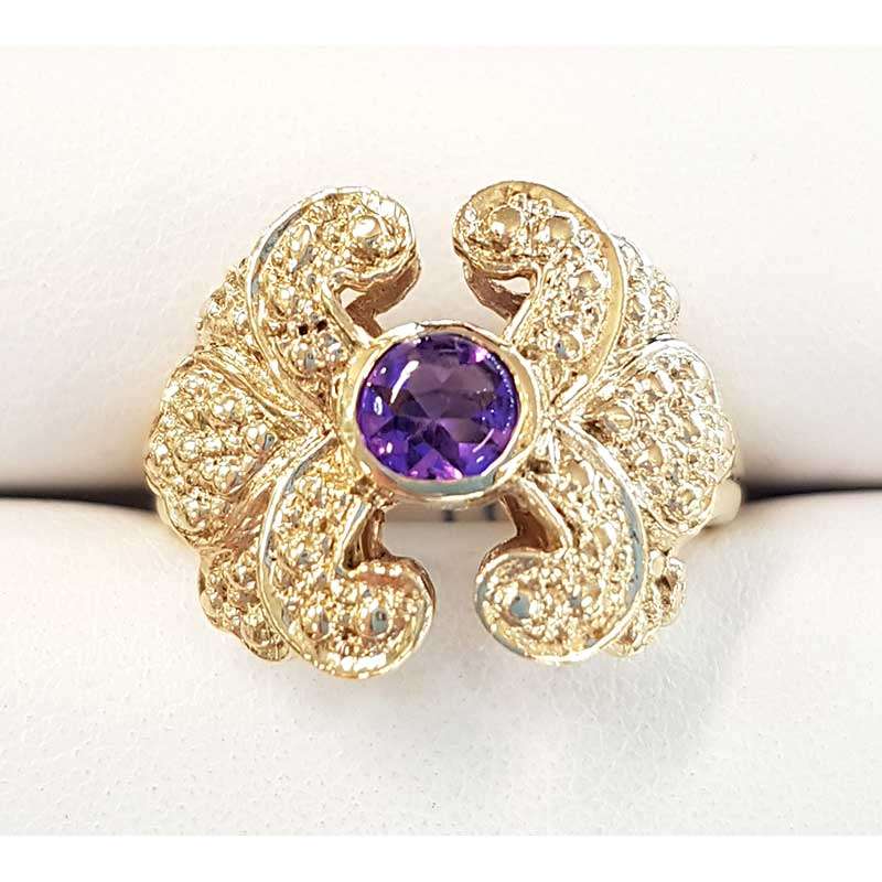 9ct Yellow Gold Round Amethyst in Wide and Unusual Ornate Setting Ring