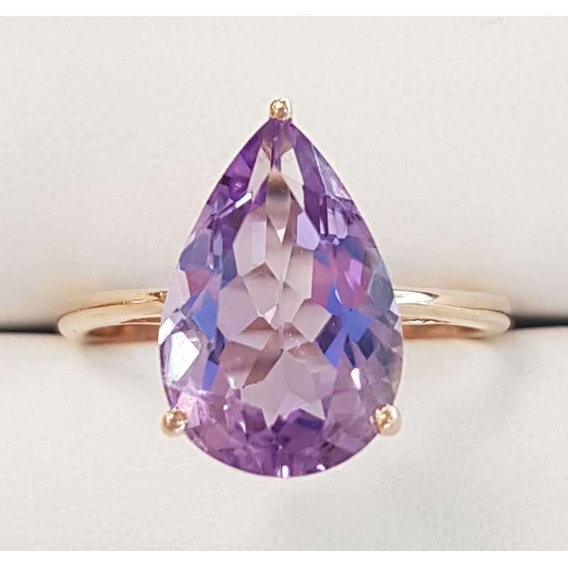 9ct Rose Gold Teardrop / Pear Shape Amethyst Claw Set Ring