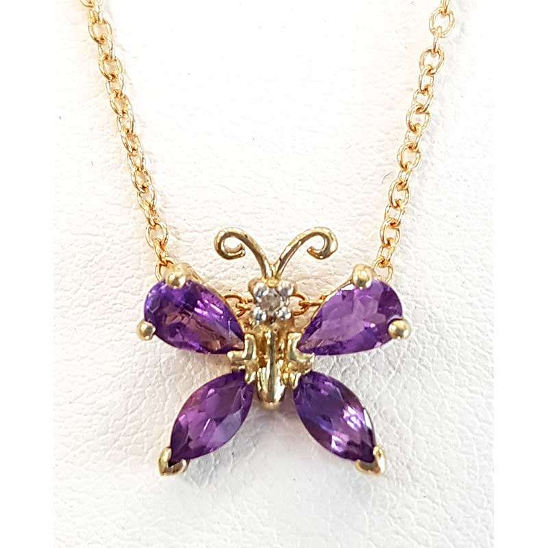 9ct Yellow Gold Amethyst and Diamond Butterfly Pendant on Gold Chain
