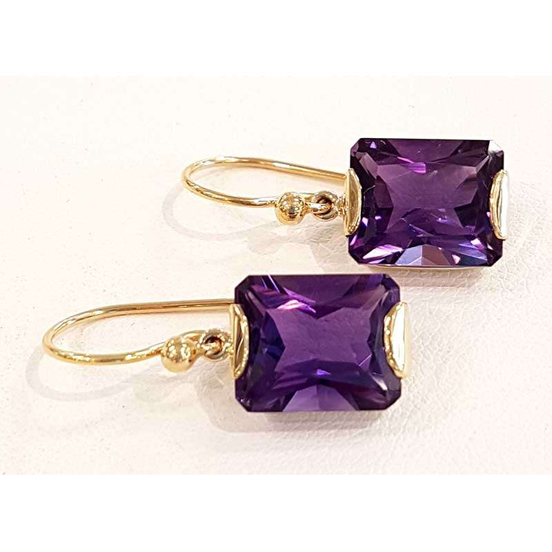 9ct Yellow Gold Rectangular Amethyst Drop Earrings