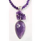 Sterling Silver Large Faceted and Cluster Amethyst Pendant on Amethyst Bead Chain