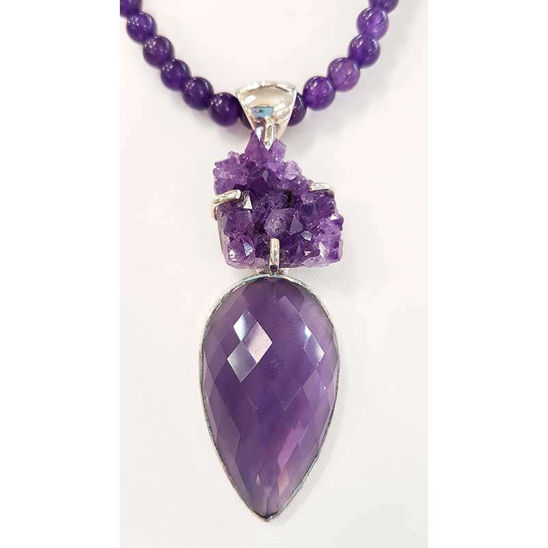 Sterling Silver Large Faceted and Cluster Amethyst Pendant on Amethyst Bead Chain