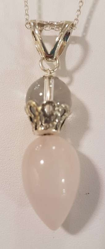 Sterling Silver Pendulum Shape Rose Quartz with Clear Quartz Pendant on Sterling Silver Chain